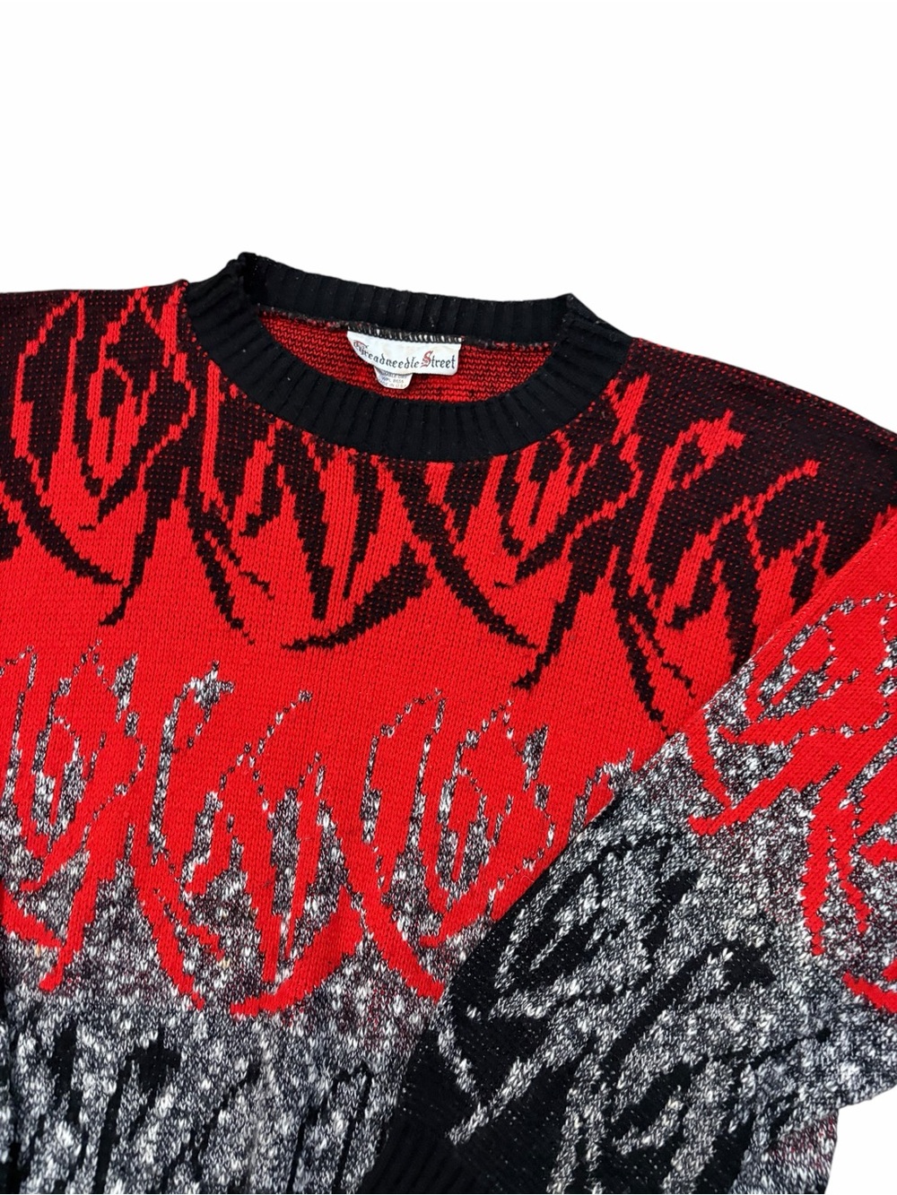 VTG 80s Threadneedle Street Tribal Flame Knit Sweater Womens Medium Red Black